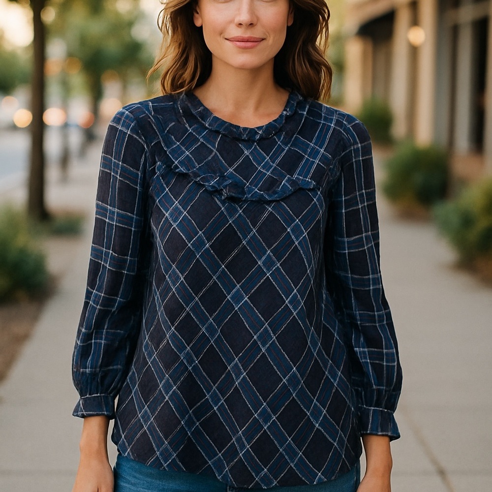 EUC Banana Republic Navy Plaid Blouse Women’s Size XS